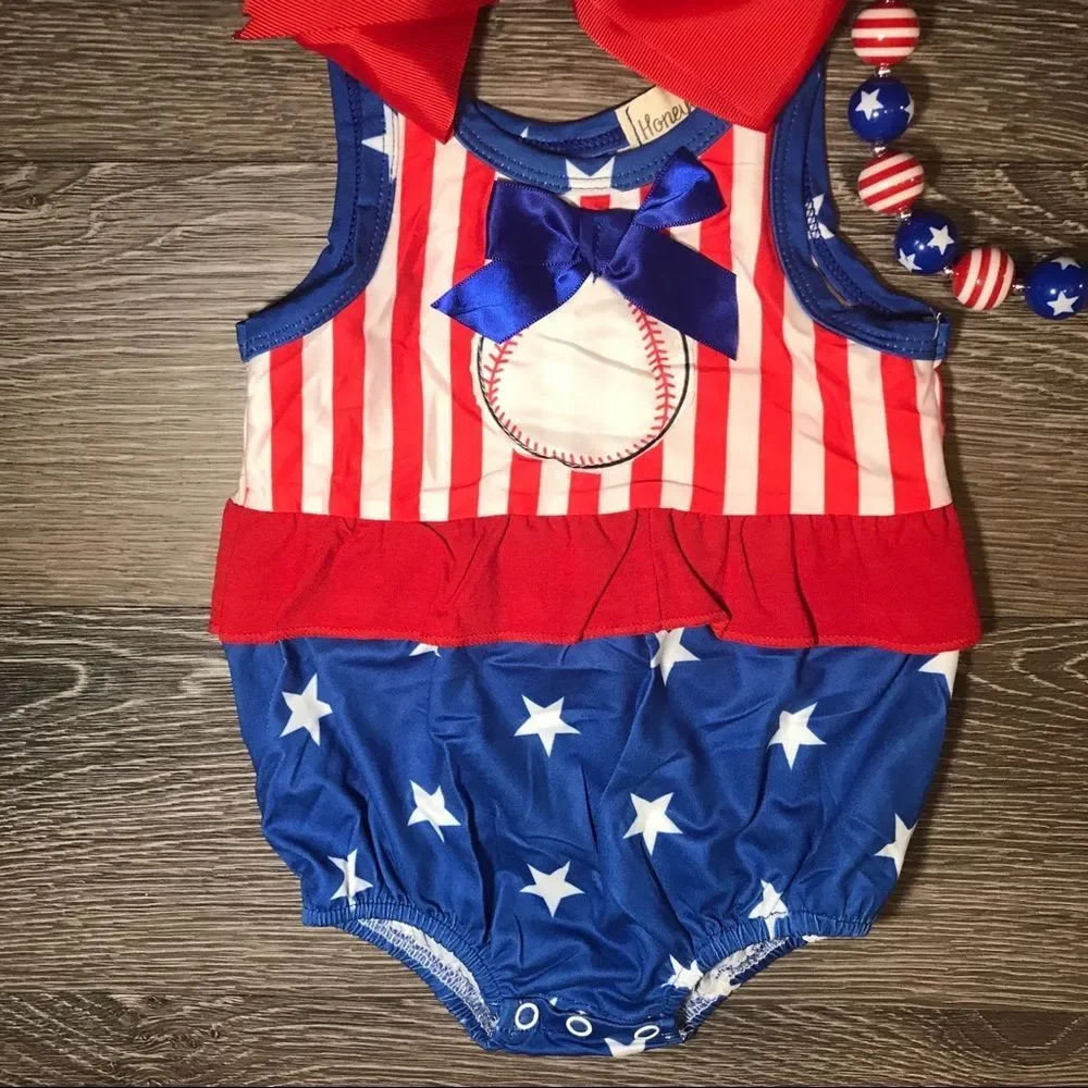 New Baby girls boutique patriotic baseball onesie - Picture 2 of 2